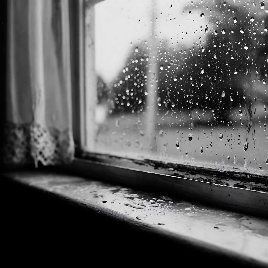 Black-and-white photograph of
									rain droplets on a window