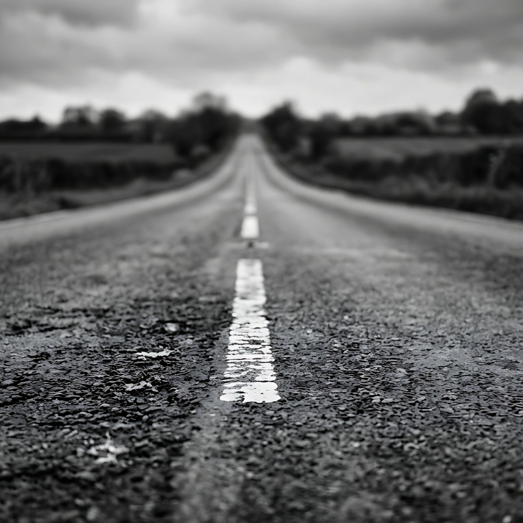 Black-and-white photograph of a long
									rural road